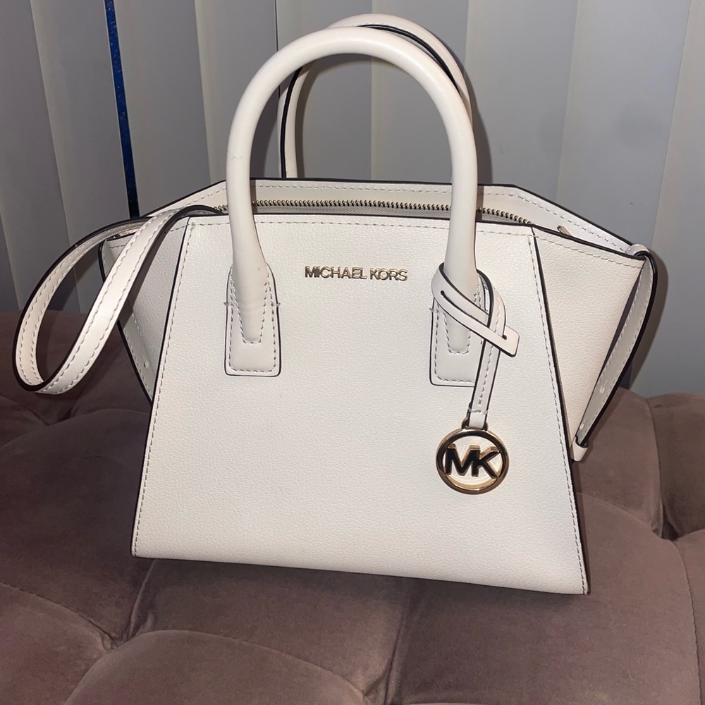 Michael Kors Women's Avril Top Zip Leather MK Signature Satchel Bag -Light Cream